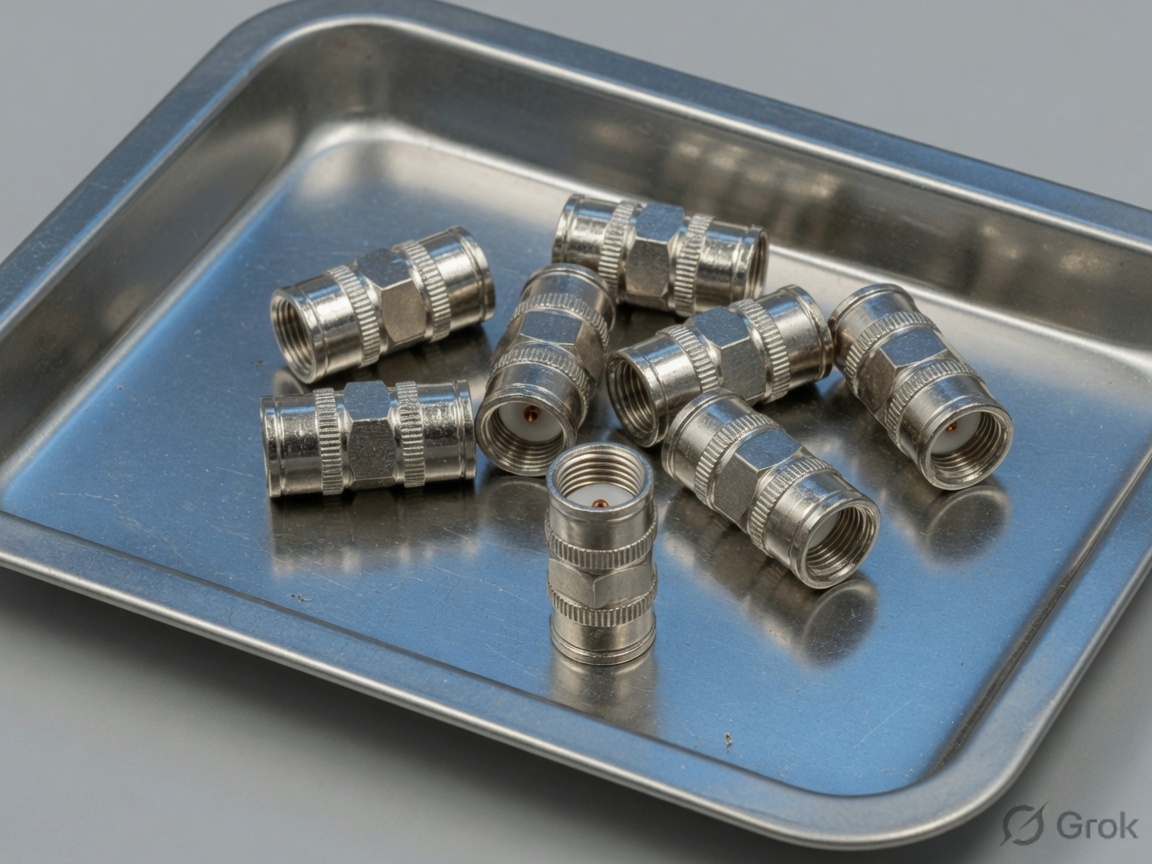 Nickel F-type barrel couplers in a small metal tray
